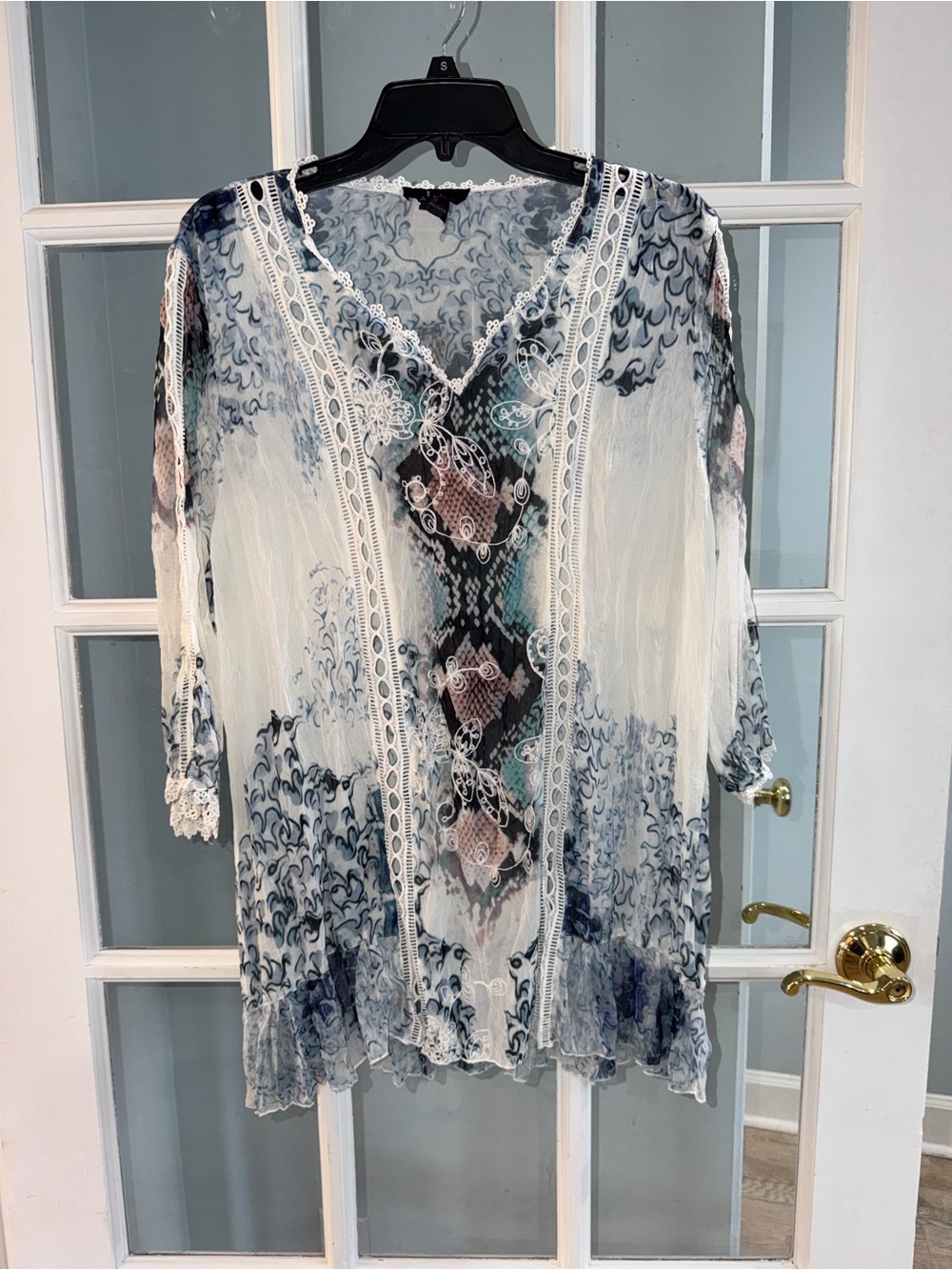 I Am Alberto Makali fairy top blouse Sz XL White blue romantic crochet lace